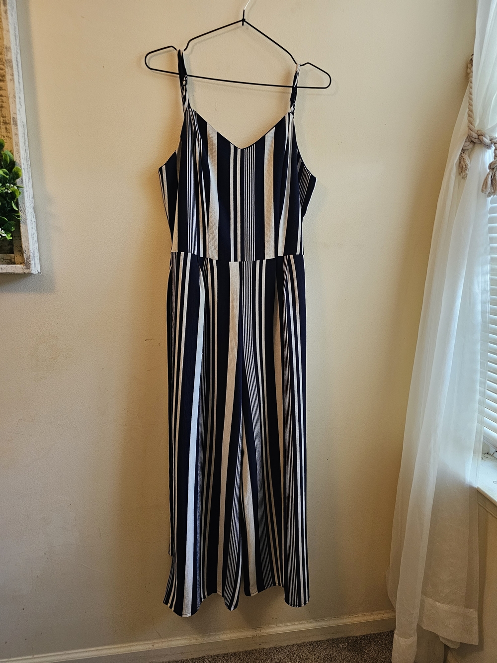 Monteau Navy & White Vertical Stripe Spaghetti Strap Jumpsuit